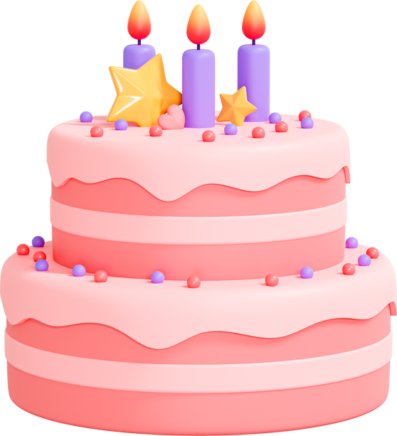 3D Birthday cake with candle and decorations